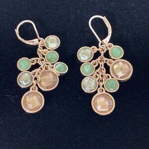 Napier Signed Gold Tone Green Clear Rhinestone Dangle Leverback Pierced Earrings